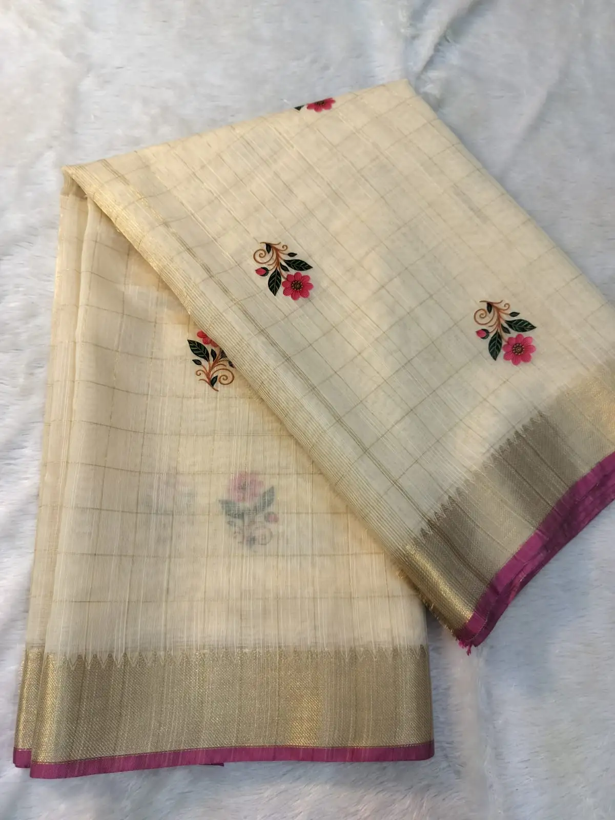 Off-White and Pink Floral Printed Check Cotton Saree